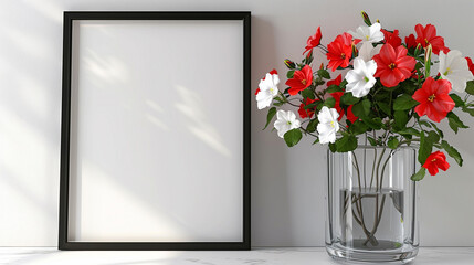 Artistic composition showcasing a black-bordered blank picture frame and striking red and white flowers in a glass pot, adding visual interest to the room interior.