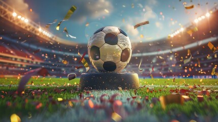 A close up of a soccer ball on a pedestal with confetti falling from the sky in a stadium