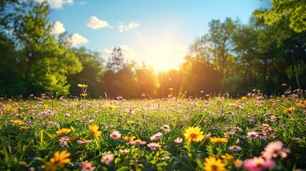 nature flower meadow plant summer grass blossom field sun sunlight spring beauty green season blooming sky yellow background landscape