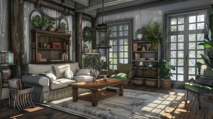 Farmhouse, country home interior design of modern living room. realistic