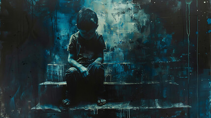 A solemn boy sits on a step, head bowed, evoking a sense of melancholy and solitude. His posture suggests introspection and perhaps a moment of emotional weight