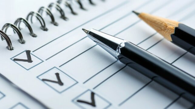 A close-up view of a silver pen and wooden pencil lying on a paper checklist with marked checkboxes.