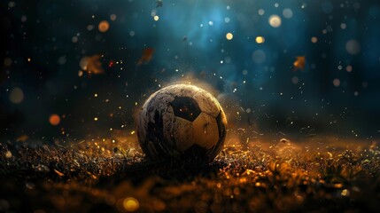 A close up of a dirty soccer ball on a grass field with the background out of focus. - Powered by Adobe