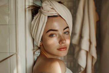 Fototapeta premium Young Woman's Portrait Post-Shower in the Bathroom, Skincare Routine