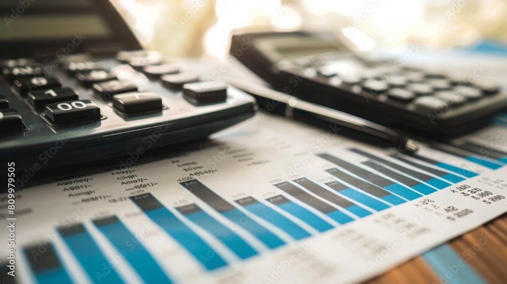 Poster A pair of calculators rest on top of detailed financial charts, symbolizing data analysis and accounting tasks.