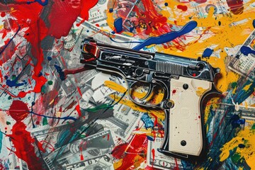 A painting of a gun on a table. Suitable for crime and security concepts
