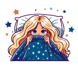 Blonde Girl with Bright Blue Eyes Cuddling Under Starry Blanket with Flowing Hair on Pillow
