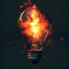 A light bulb with a fiery core and sparks, symbolizing energy and creativity against a dark background.