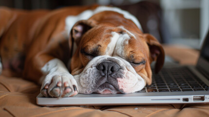 Bulldog sleeping on laptop. Dog asleep on computer keyboard. Working from home with pet
