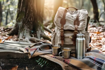 Backpack, thermos, blanket and cups with a drink. Picnic in nature. Hiking concept.