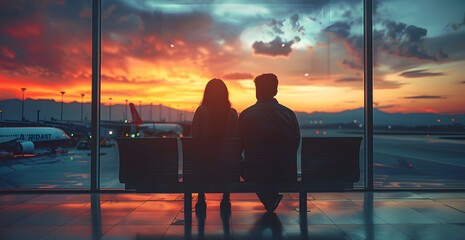 A couple is sitting on a bench at an airport