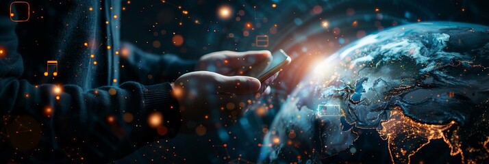 Businessman using a smartphone and digital marketing, an online social media network concept with icons on a global world map for business growth through technology on a dark background