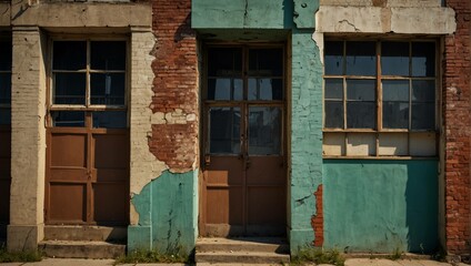 A section of a weathered brick building with faded teal and light beige paint. Wooden doors and windows are visible.