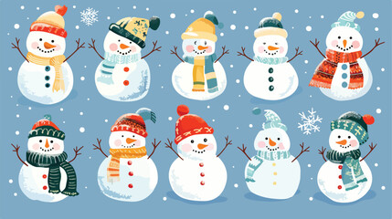 Winter set of funny Snowmen. Cute snowmen in cozy hat