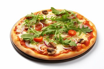 Tasty pizza with vegetables and arugula salad isolated. Fast food fresh meal cuisine. Generate Ai