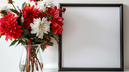 Close-up shot of a blank picture frame accompanied by red and white flowers in a glass vase, adding a pop of color to the room interior.