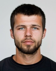 ID Photo for Passport : European young adult man with straight short black hair and blue eyes, short beard, without glasses and wearing a black t-shirt