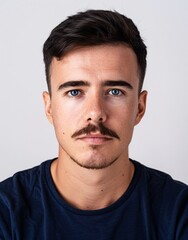 Obraz premium ID Photo for Passport : European young adult man with straight short black hair and blue eyes, thin mustache, without glasses and wearing a navy t-shirt