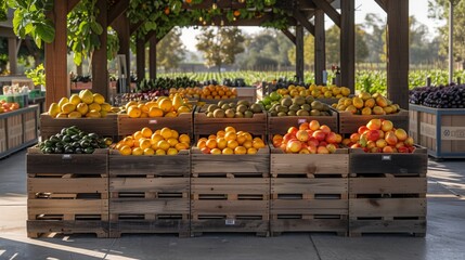 Wooden crates overflow with a colorful abundance of fresh fruits at the vibrant farm stand display at Golden H B