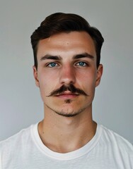 Fototapeta premium ID Photo for Passport : European young adult man with straight short black hair and blue eyes, handlebar mustache, without glasses and wearing a white t-shirt
