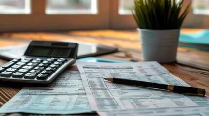 A black calculator and a silver pen are placed on a wooden table.