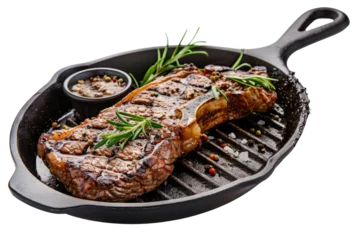 Fotobehang Grilled Steak: A mouthwatering juicy steak on a hot iron skillet, with char marks and sizzling sauce. © PNG and Green Video