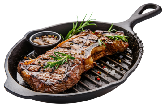 Grilled Steak: A mouthwatering juicy steak on a hot iron skillet, with char marks and sizzling sauce.