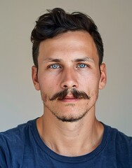 Obraz premium ID Photo for Passport : European young adult man with straight short black hair and blue eyes, thick mustache, without glasses and wearing a navy t-shirt