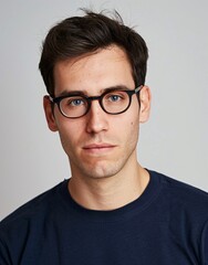 Obraz premium ID Photo for Passport : European young adult man with straight short black hair and blue eyes, clean-shaven, with glasses and wearing a navy t-shirt