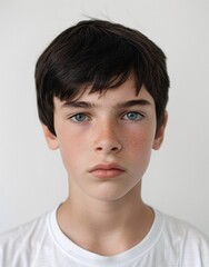 ID Photo for Passport : European teenager boy with straight short black hair and blue eyes, without glasses and wearing a white t-shirt