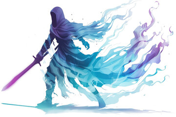 Phase-Shifting Phantom A warrior able to shift between dimensions, leaving a ghostly trail on the white backdrop.