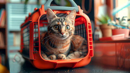 Well kitten visit: cat comfortably contained in carrier at vet office
