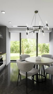 3D rendering. The camera flies through the interior of a country house in a modern minimalist style. Vertical format for a phone.