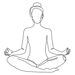Woman one line art. Yoga minimalist drawing. Digital black and white female print. Poster on a white backgraund.