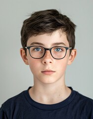 Fototapeta premium ID Photo for Passport : European teenager boy with straight short black hair and blue eyes, with glasses and wearing a navy t-shirt