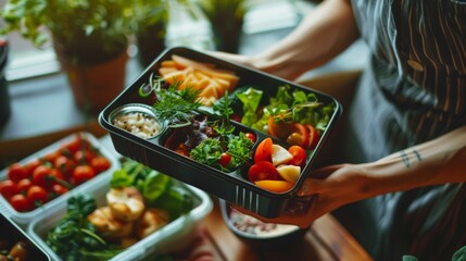 A person holding a tray of food that is sectioned off into different compartments.