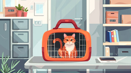 Veterinary trip: domestic cat securely housed in pet carrier