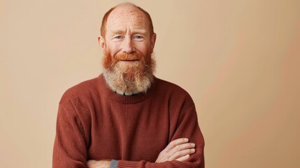 Senior red haired man portrait, Nordic type elderly aged male model with red hair and beard, studio shot, background with copy space, diversity and different people beauty concept, AI generated image