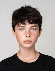ID Photo for Passport : European teenager boy with straight short black hair and blue eyes, without glasses and wearing a black t-shirt