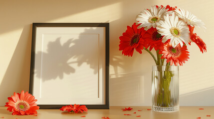 Cozy room setting featuring a blank picture frame and vibrant red and white flowers in a glass vase, evoking feelings of comfort and warmth.