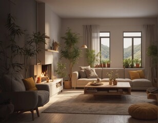 Elegant Living Room, new modern scandinavian loft apartment. 3d rendering, Contemporary Interior Design Background. Scandinavian Living Room. Generative AI