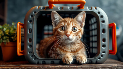 Cat care on the go: feline in pet carrier at vet clinic visit