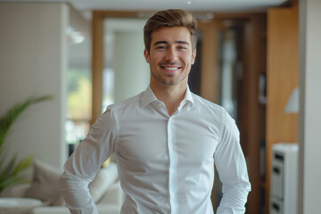 Young businessman with a smile on his face, looking confidently into the camera, presenting himself as an elegant corporate leader. His attitude exudes determination in achieving business goals.