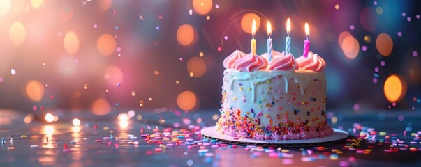 A festive delicious birthday cake with candles, balloons and confetti, Deliciou and beautiful birthday cake with burning candles, Celebrate anniversaries and special days, birthday party. Generated AI