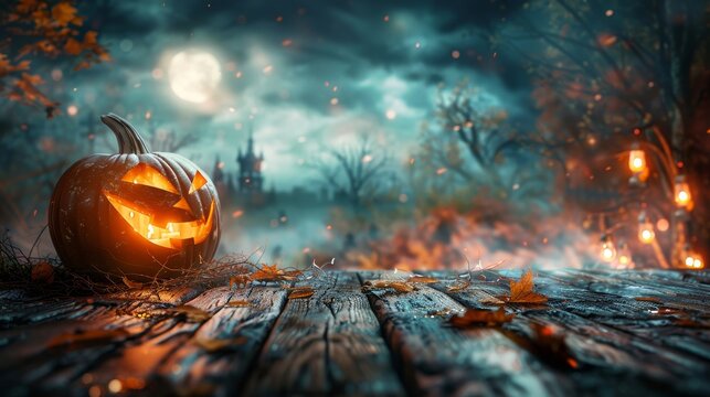 Wooden table with a spooky Halloween-themed background, perfect for seasonal products