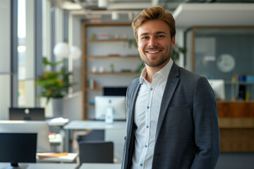 Young businessman with a smile on his face, looking confidently into the camera, presenting himself as an elegant corporate leader. His attitude exudes determination in achieving business goals.