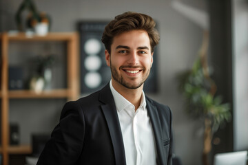 Fototapeta premium Young businessman with a smile on his face, looking confidently into the camera, presenting himself as an elegant corporate leader. His attitude exudes determination in achieving business goals.