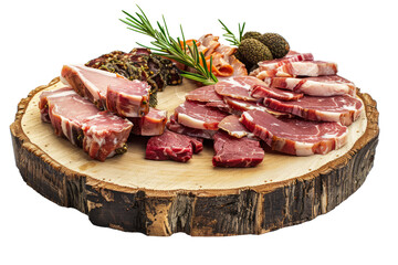 Assortment of unprocessed meat cuts displayed on a distressed wooden platter, white background revealing natural details