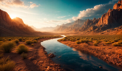 Naklejka premium A river winds through a sandy desert with tall cliffs in the background. The sky is blue with white clouds.