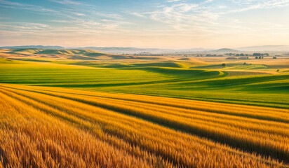 Obraz premium A golden field of wheat stretches to the horizon, with rolling hills and a blue sky in the background.